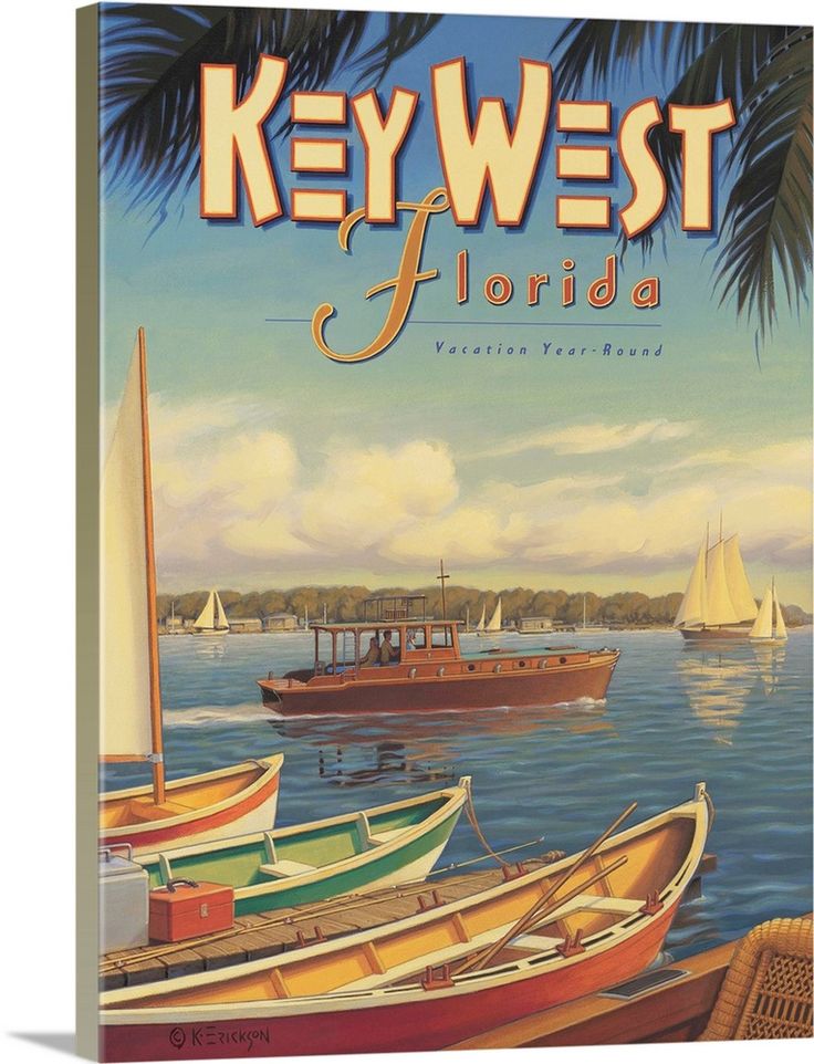 key west florida travel poster with boats and sailboats on the water in front of palm trees