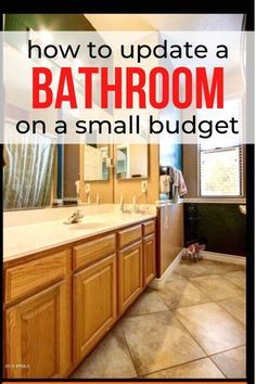 a bathroom with wooden cabinets and tile flooring that has the words, dated bathroom makeover for $ 50