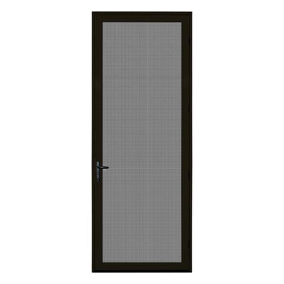 an open door with a screen on the front and side panels in dark brown, isolated against a white background