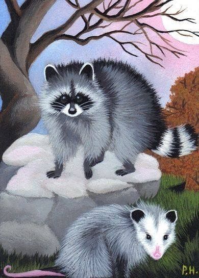 a painting of two raccoons sitting on top of a rock next to a tree