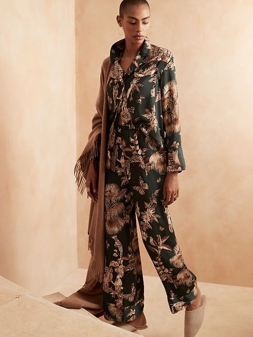 Long-Sleeve Satin Pajama Set | Banana Republic Silk Sleepwear For Pajama Party, Silk Sleepwear For Spring Lounging, Silk Sleepwear For Loungewear In Relaxed Fit, Silk Sleepwear Relaxed Fit For Loungewear, Spring Silk Sleepwear With Relaxed Fit, Spring Silk Sleepwear In Relaxed Fit, Elegant Fall Sleepwear, Elegant Fall Sleepwear For Loungewear, Elegant Fall Sleepwear For Lounging