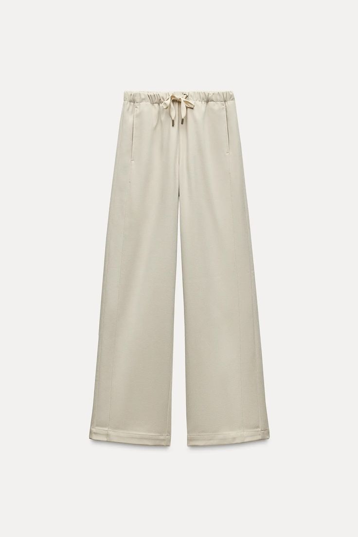 TEXTURED WIDE LEG PANTS - Ecru | ZARA United States Solid Color Wide-leg Bottoms For Elevated Casual, Solid Wide-leg Bottoms For Elevated Casual Wear, Wide-leg Solid Color Bottoms For Elevated Casual, Wide-leg Bottoms For Casual Wear, High Waist Pull-on Bottoms For Elevated Casual, High Waist Bottoms For Elevated Casual, High Waist Pull-on Pants For Elevated Casual, High Waist Pull-on Style Bottoms For Smart Casual, Versatile Wide Leg Sweatpants For Work