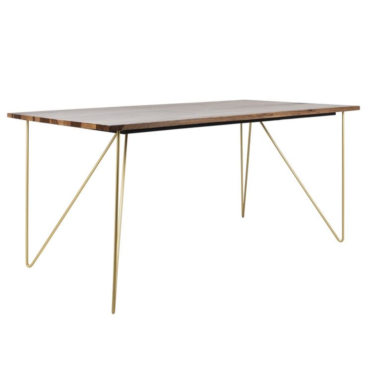 a wooden table with metal legs on a white background