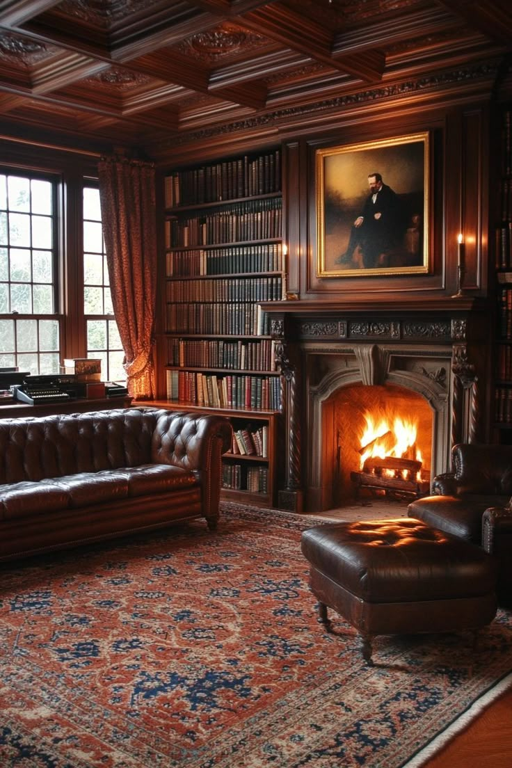 a living room filled with furniture and a fire place in front of a book shelf