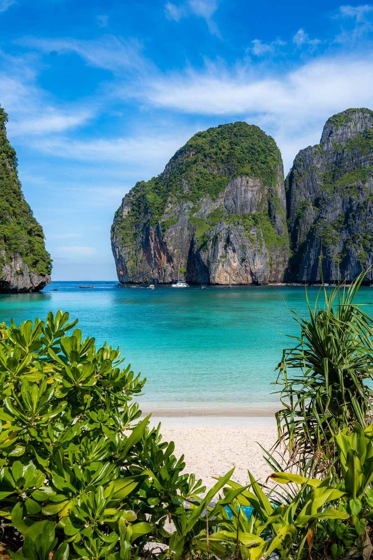 the beach is surrounded by green plants and rocks