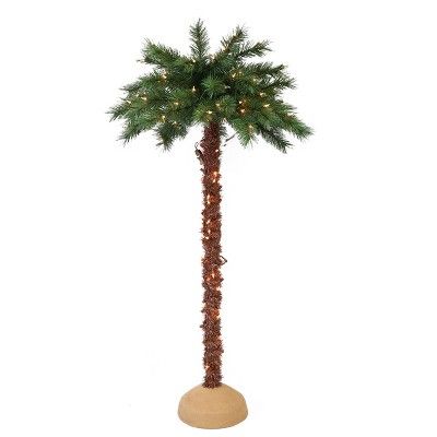 a tall palm tree with lights on it