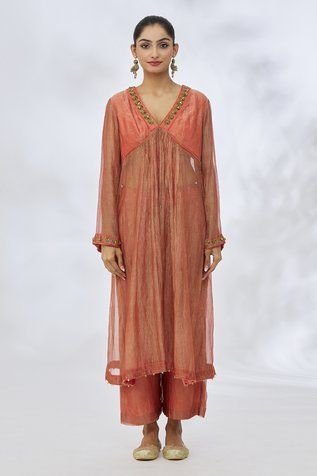 Shop for Itrh Peach Silk Tissue Placement Embroidered Anarkali Set for Women Online at Aza Fashions Long Sleeve Kurta With Gota Work For Reception, Peach Anarkali Kurta For Eid, Orange Long Sleeve Anarkali Kurta, Peach Anarkali Kurta For Festive Occasions, Peach Anarkali Kurta, Peach Kurta With Zari Work And Long Sleeves, Peach Kurta With Zari Work, Anarkali Kurta With Sheer Dupatta In Peach, Peach Anarkali Kurta With Sheer Dupatta