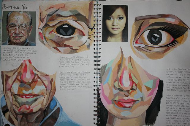 an open book with pictures of people's eyes and faces on it, all in different shapes and sizes