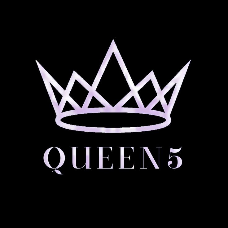 the logo for queen 5 is shown on a black background with white letters and a crown