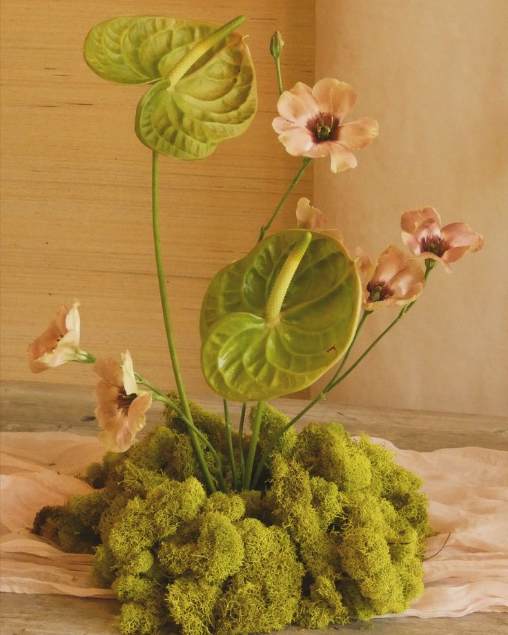 a vase with flowers in it sitting on a table next to some moss and leaves