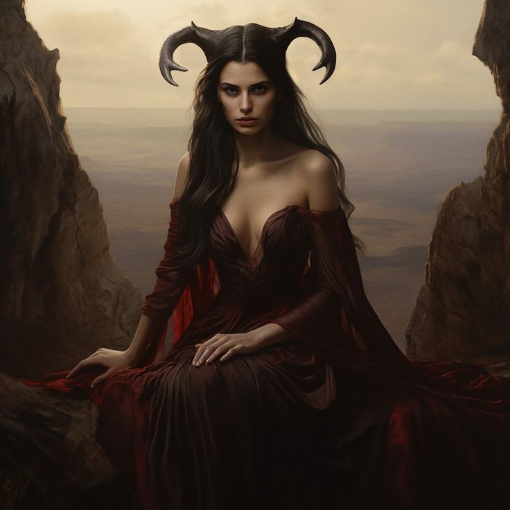 a woman with horns sitting on a rock in front of some mountains and rocks, wearing a red dress