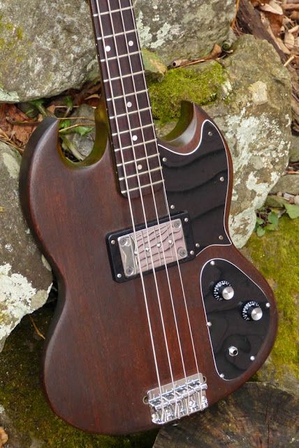 an electric bass guitar sitting on top of a rock covered ground with moss and rocks in the background