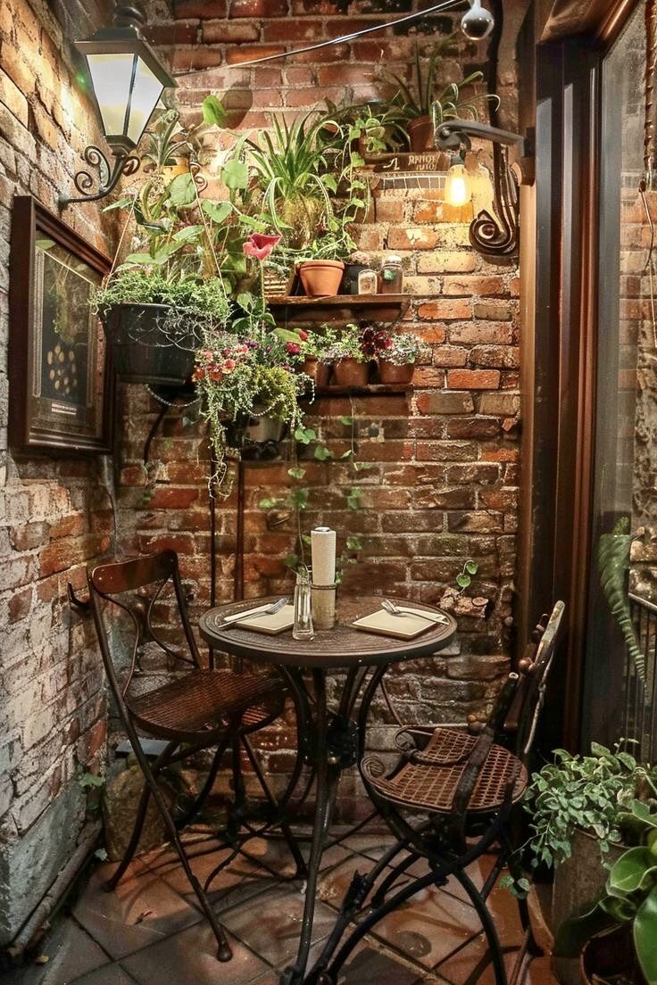 a small table with two chairs in front of a brick wall and potted plants