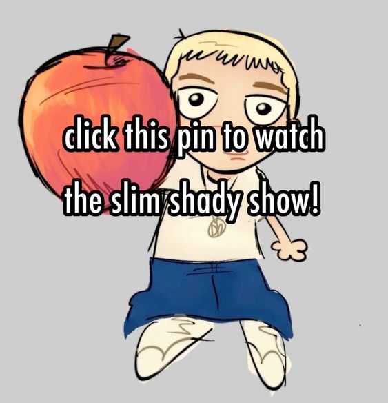 a cartoon character holding an apple with the words click this pin to watch the slim shady show