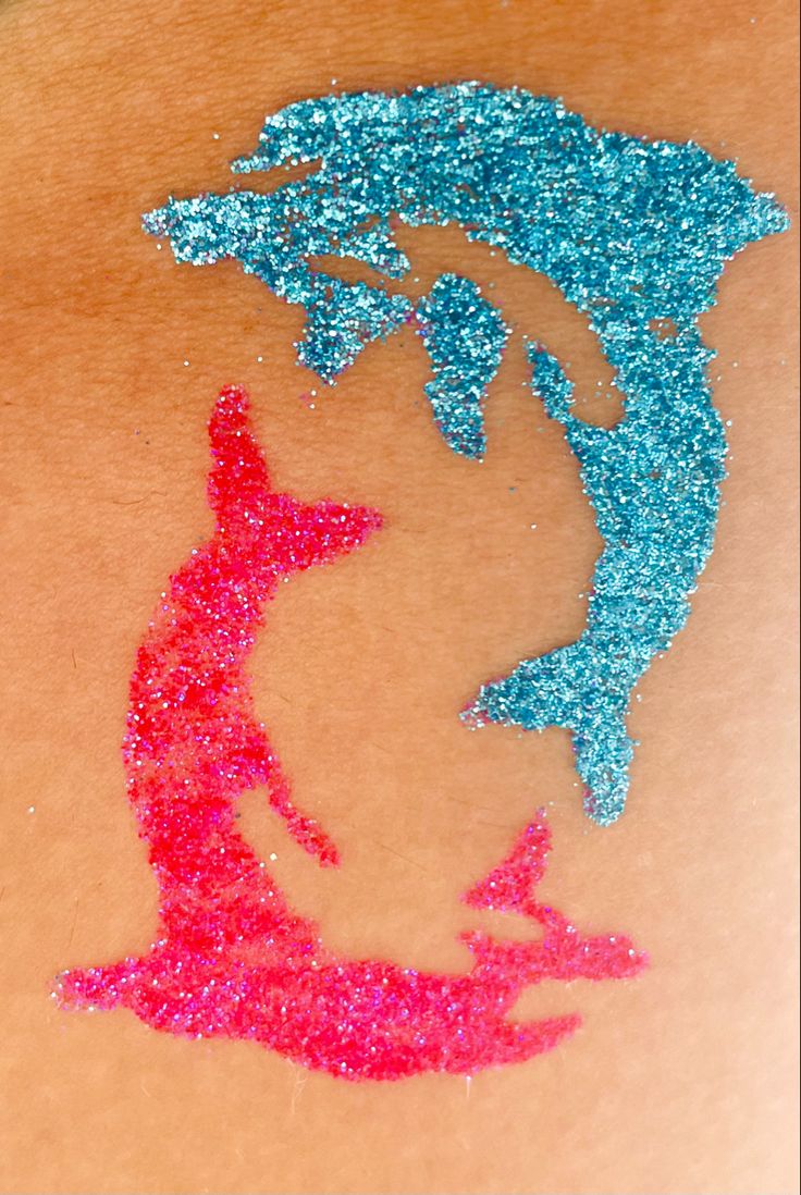 Blue And Pink Tattoo, Pink Dolphin Tattoo, Dolphin Tattoo, Dolphins Tattoo, Blue Dolphin, Summer Tattoo, Pink Dolphin, Glitter Tattoo, Summer 24