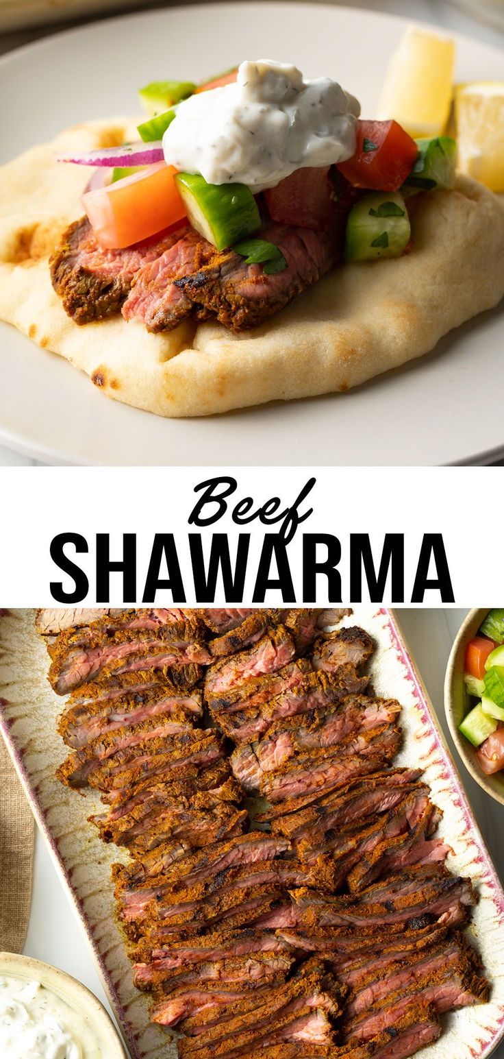 beef shawarma with sour cream and vegetables on top