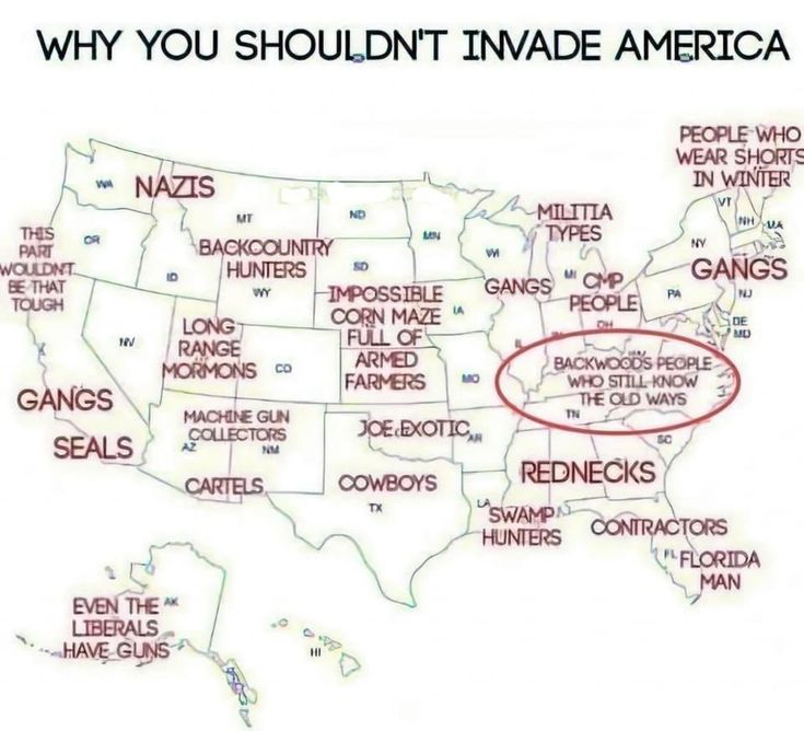 a map with the states labeled in red and white, which says why you shouldn't invade america