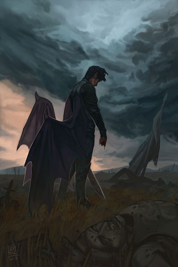 a man with a cape walking through a field under a cloudy sky in the background