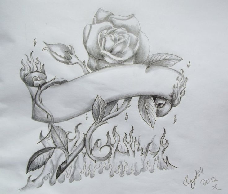 a drawing of a rose with flames and a banner on the bottom half of it