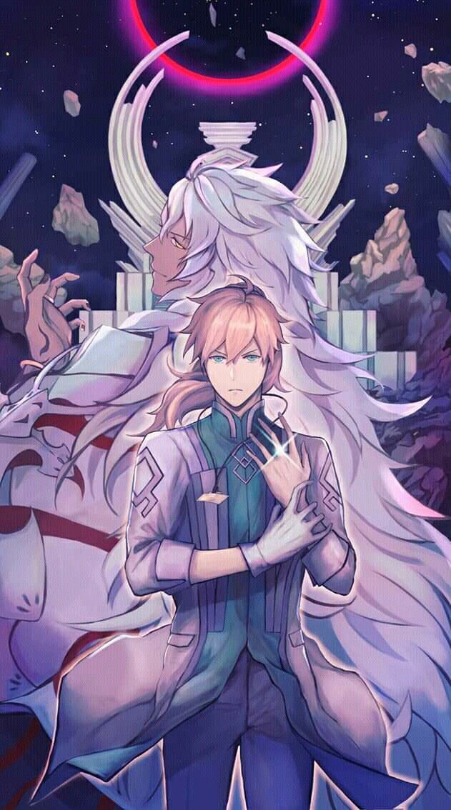 an anime character with long white hair standing in front of a giant unicorn and stars