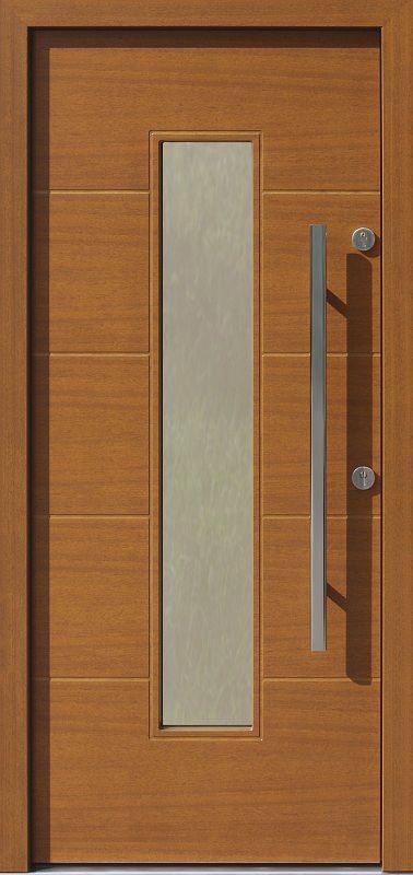 the front door is made of wood and has glass panels on each side, along with a metal handle