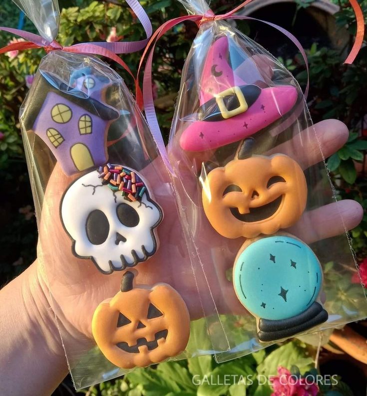 two hand holding halloween themed cookies in plastic bags with bows and decorations on the top