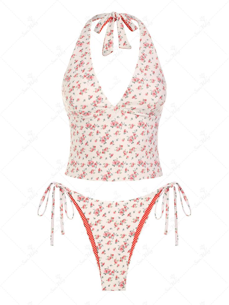 Seamolly Double-Sided Ditsy Floral And Polka Dots Printed Halter Tie S Old Money Bathing Suits, My Wishlist Ideas, Bathing Suits Aesthetic, Cute Swimming Suits, Cute Two Piece Swimsuit, Modest Swimsuits For Women, Modest Bikinis, Trendy Tankini, Cute Tankinis