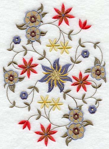 an embroidered design with red, yellow and blue flowers on white linens that has been stitched together