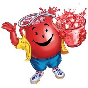 a cartoon character holding up a bucket of ice cream and a glass filled with red liquid