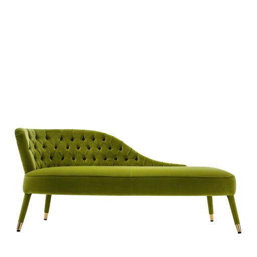 a green velvet chaise lounger with gold legs and tufted upholster