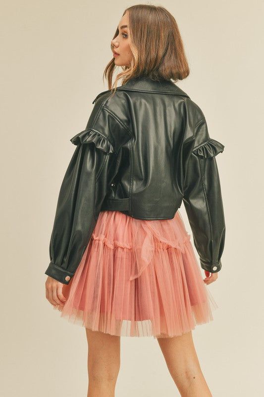 Faux leather puff sleeve ruffle detailed cropped moto jacket. Fabric Contents SELF: 45%PU 55%POLYESTER LINING: 100% POLYESTER Cropped Moto Jacket, Baddie Style, Jacket Fabric, Faux Leather Moto Jacket, Wild Child, Leather Moto, Leather Moto Jacket, Crop Jacket, Favorite Dress