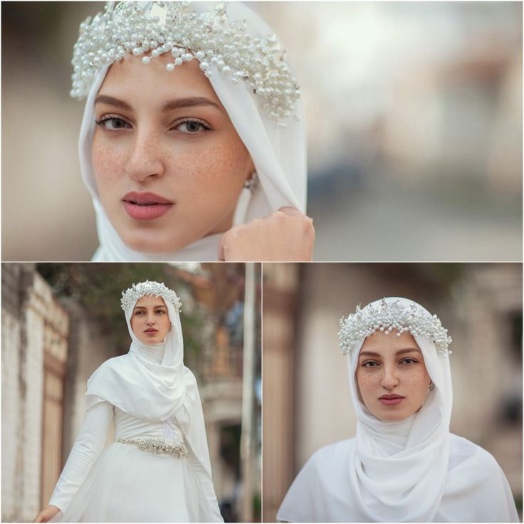 three pictures of a woman wearing a white hijab and headpiece with pearls on it