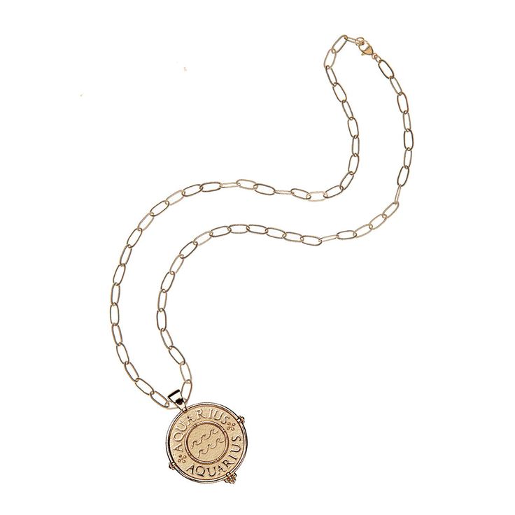 Aquarius January 20 - February 18 We love you because you are... Original Honest ...and delightfully friendly Coin pendant made of sterling silver dipped in 14k gold, measuring 1.2" in diameter. DOUBLE SIDED: please click through the images to see the design on each side. Can be worn either way! Includes your choice of chain necklace and leather cord: Choose delicate 16-18" Satellite Chain, 18" Adjustable Drawn Link Chain, or 32" Mini Twist Link Gold Plated Chain Leather cord may be tied as a do Luxury Zodiac Sign Round Pendant Jewelry, Yellow Gold Zodiac Sign Pendant Jewelry, Good Luck Sterling Silver Tarnish-resistant Jewelry, Tarnish-resistant Sterling Silver Good Luck Jewelry, White Gold Zodiac Sign Jewelry, Round Shape, White Gold Zodiac Sign Round Pendant Jewelry, 14k Gold Zodiac Sign Fine Jewelry, White Gold Round Zodiac Sign Jewelry, Zodiac Sign Round Amulet Jewelry