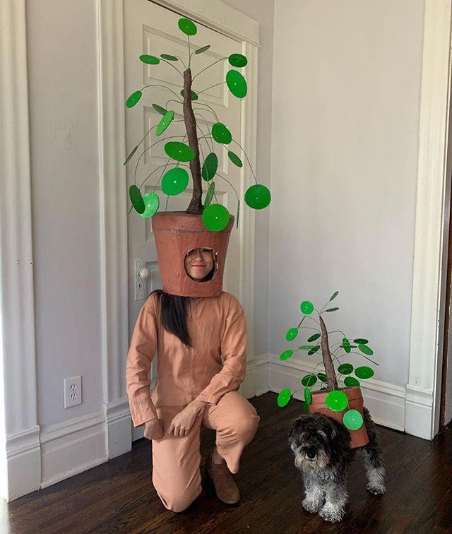 a woman sitting on the floor next to a tree with green leaves and a dog