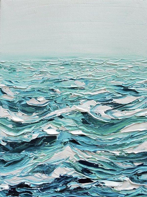 an abstract painting of blue and white waves on the ocean with grey sky in the background