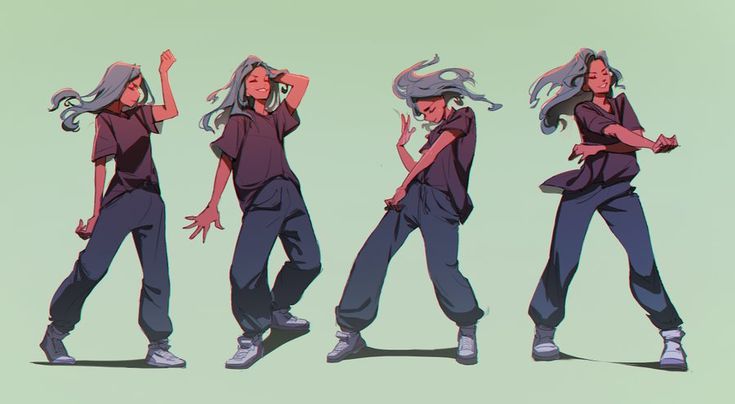 three different poses of a person with long hair and blue pants, one is dancing