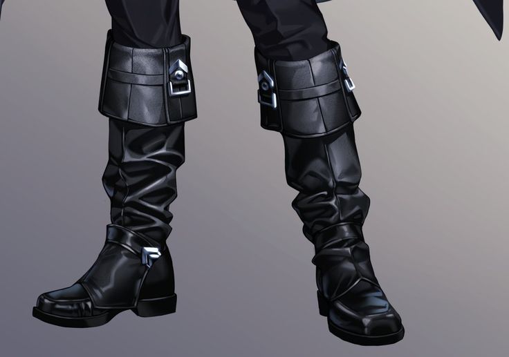 the legs and boots of an anime character are shown in black leather with silver accents