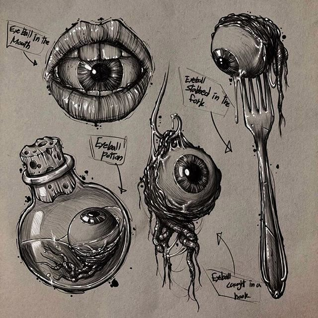 an ink drawing of various items used in the creation of eyeballs and spoons