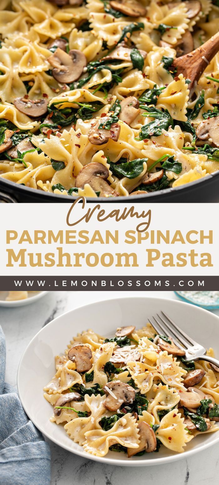 creamy parmesan spinach mushroom pasta in a skillet