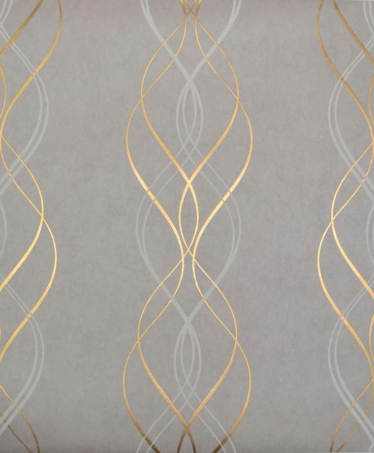 the wallpaper is grey and gold with silver swirls on it's sides