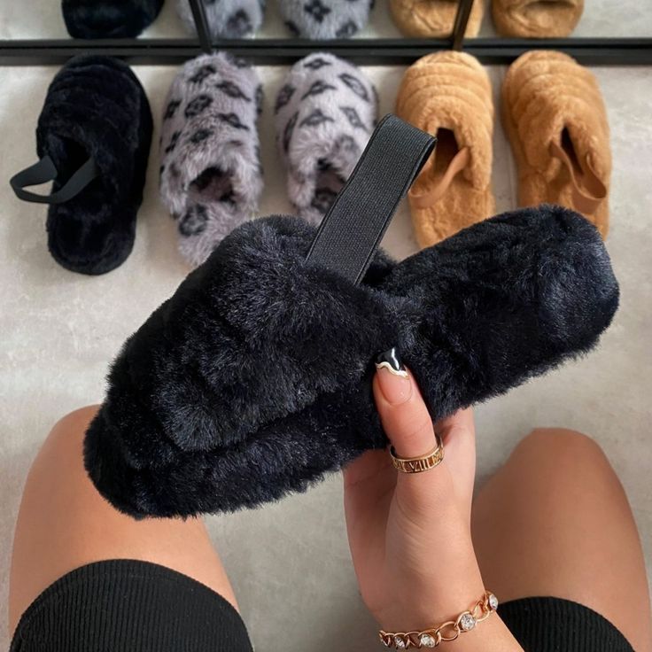 Black On Black Slip-On Entry Vegan-Fur Elastic Back Strap Super Padded And Soft Insole Black Vegan-Fur Sandal Platform Height Approx: 1.5" True Size Fur Sandals, We Back, Sandal Platform, Black On Black, Innovative Products, Black Faux Fur, Black Slip Ons, Back Strap, Slide Slipper