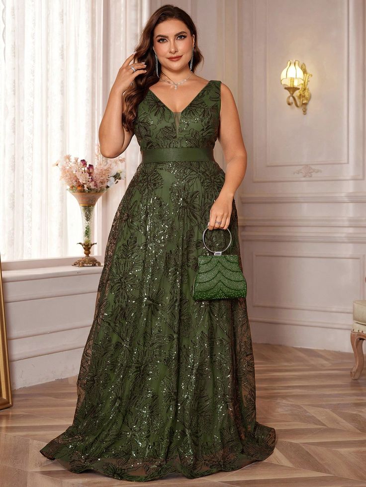 Beaded Trim V-Neck Maxi A-Line Plus Size Women's Formal Evening Gown (Embellished), Elegant Prom Dress, For Wedding Guest, Graduation, Dinner Olive Green Party  Sleeveless Sequins Colorblock,Plain,All Over Print A Line Slight Stretch  Weddings & Events, size features are:Bust: ,Length: ,Sleeve Length: Plus Size Gowns Formal Black Tie Events, Emerald Green Gown Plus Size, Mother Of The Bride Fall Dresses Plus Size, Dresses That Hide Tummies, Formal Plus Size Dresses Gowns, Olive Green Dress Formal, Evening Dresses Plus Size Classy, Green Mother Of The Bride Dresses, Plus Size Evening Gown Special Occasions