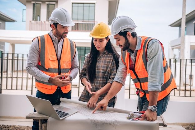 three people in hard hats looking at something on top of a table with a laptop