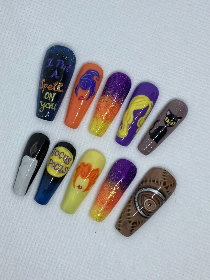 Hocus Pocus Nails, Designs Nails Art, Disney Inspired Nails, Horror Nails, Halloween Nails Diy, Hocus Pocus Party, Holloween Nails, Halloween Acrylic, Halloween Acrylic Nails