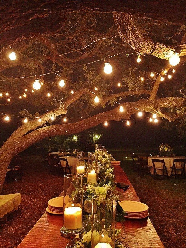 an outdoor dinner table set up with candles, plates and place settings under a tree