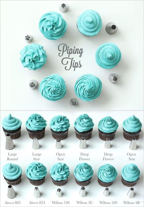 cupcakes with blue frosting are arranged in different shapes and sizes on a white background