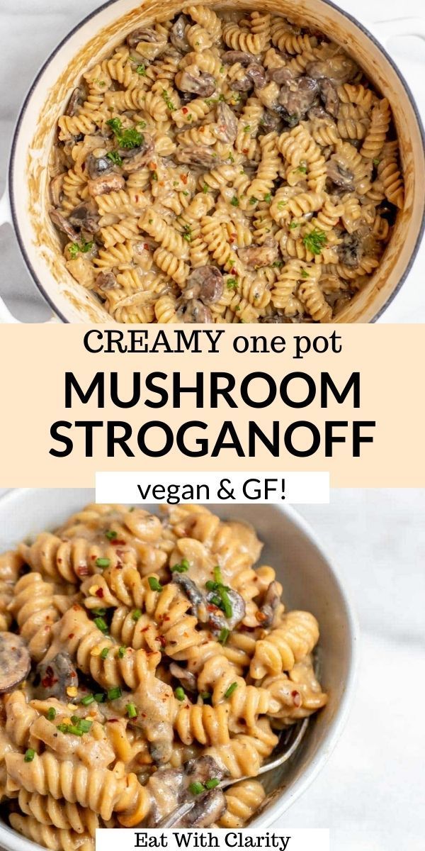 mushroom stroganoni pasta in a white bowl with the title text above it