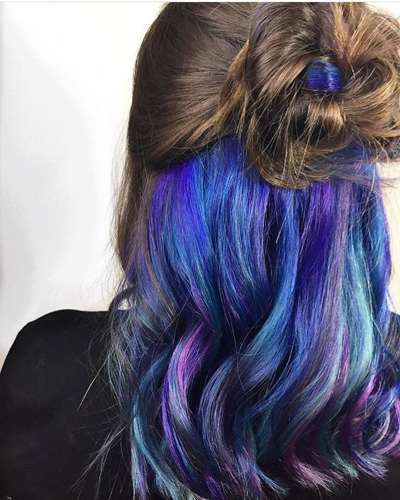 Purple And Turquoise Peekaboo Hair, Hidden Galaxy Hair, Underlayer Hair Color Ideas, Hair Dyed Underneath, Hidden Hair Color, Underlights Hair, Undercut Designs, Pravana Vivids, Dyed Hair Pastel