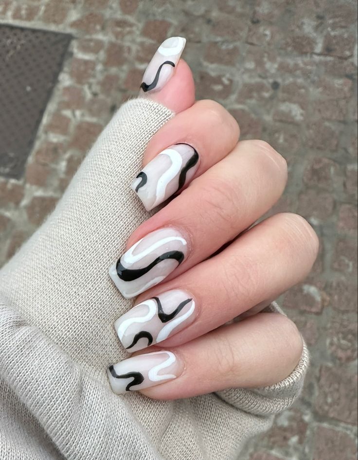 #swirls #nailart #nailinspo #nailideas #longnails #acrylicnails #naildesigns Black Silver Nails, Swirl Nail Art, Silver Nails, Black Nails, White Nails, Long Nails, Black Silver, Nail Inspo, Swirl