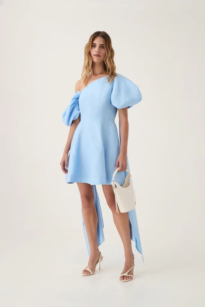 Arista Tulip Sleeve Mini Dress | Powder Blue | Aje – Aje ROW One Shoulder Puff Sleeve Dress For Brunch, Elegant One-shoulder Puff Sleeve Dress For Spring, Elegant One Shoulder Puff Sleeve Dress For Spring, Chic Asymmetrical Off Shoulder Dress For Spring, Chic Asymmetrical Off Shoulder Spring Dress, Chic Off-shoulder Dress With Draped Sleeves, Spring One-shoulder Mini Dress With Draped Sleeves, Spring One Shoulder Dress With Draped Sleeves, Summer One Shoulder Puff Sleeve Dress For Brunch